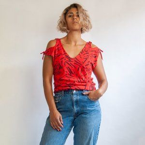 80s Red tiger slash tank top l lareg / abstract tee / knotted t shirt/ rock and